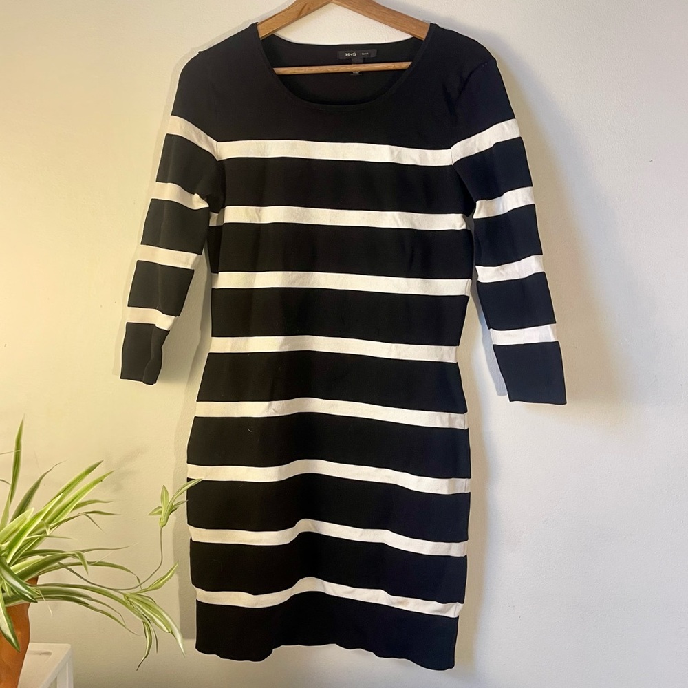 Mango black white stripe bodycon dress medium 3/4 sleeve